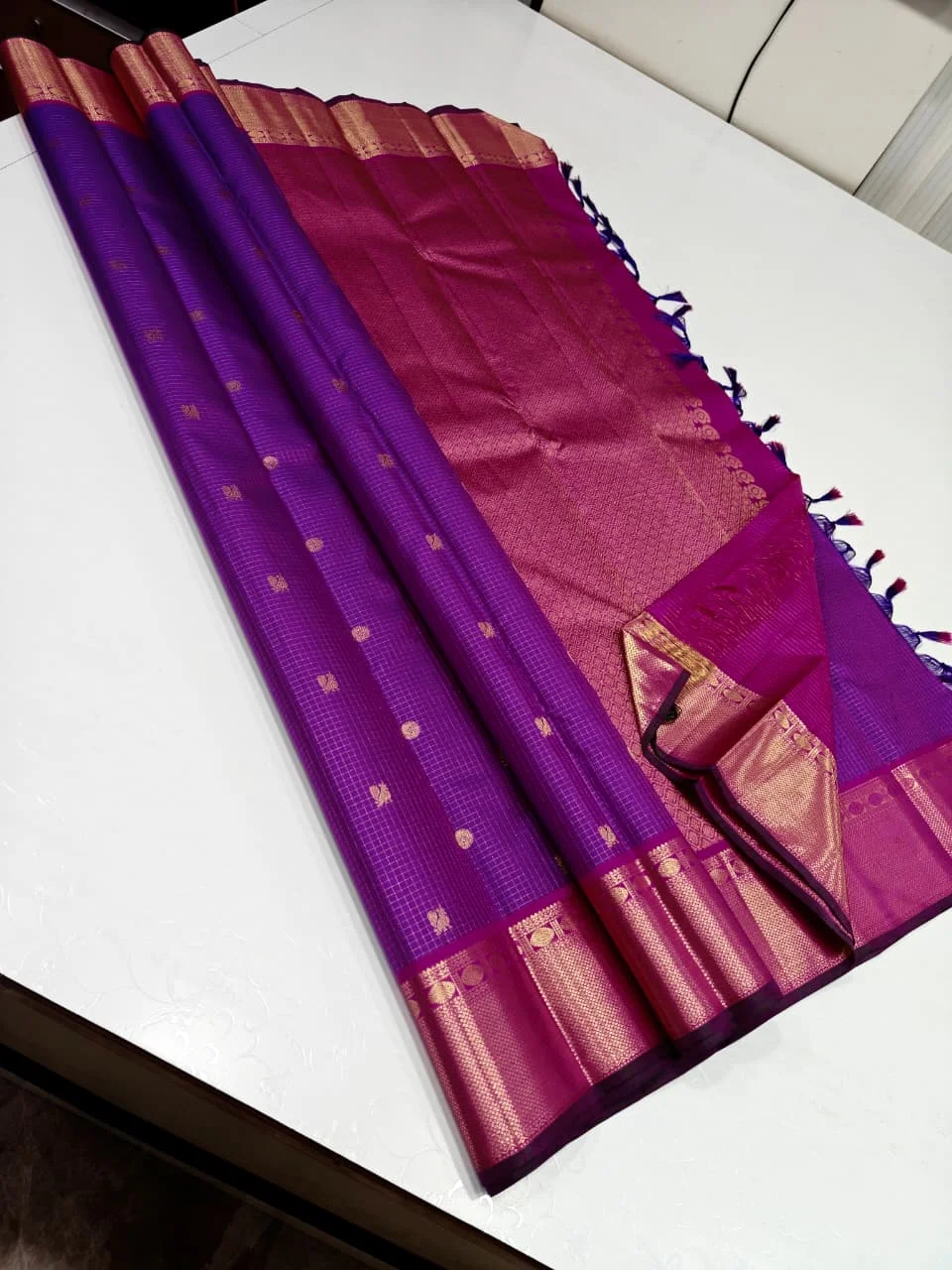 Elegant Violet Silk Saree with Contrast Pink Zari Woven Border